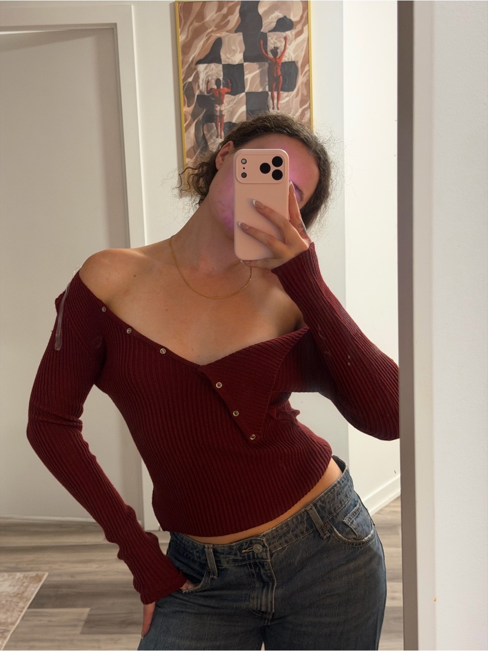 Peppermayo Off-the-Shoulder Ribbed Button Sweater - Burgundy